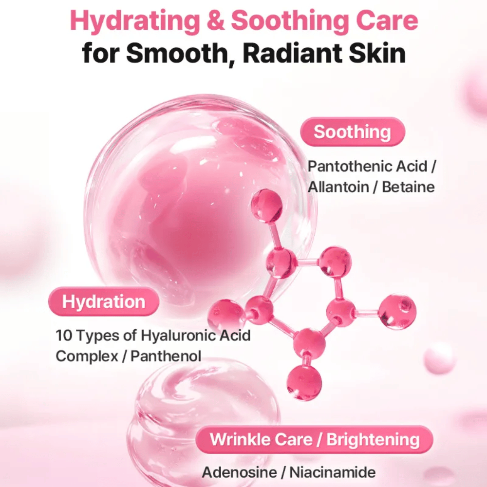 Illustrativ ingrediensbild för COSRX Peptide Collagen Lifting Glow Pad med fokus på återfuktning, lugnande effekt samt lystergivande ingredienser som hyaluronsyra, niacinamid och panthenol.
