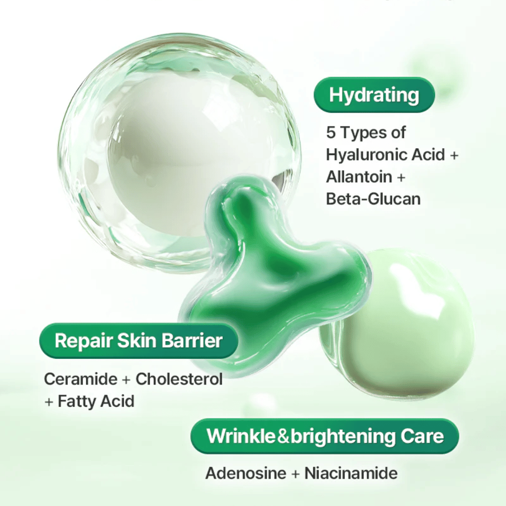 Illustrativ bild som visar ingredienser och hudfördelar i COSRX One Step Original Clear Skin Calming Pad, inklusive hyaluronsyra, ceramider och niacinamid.