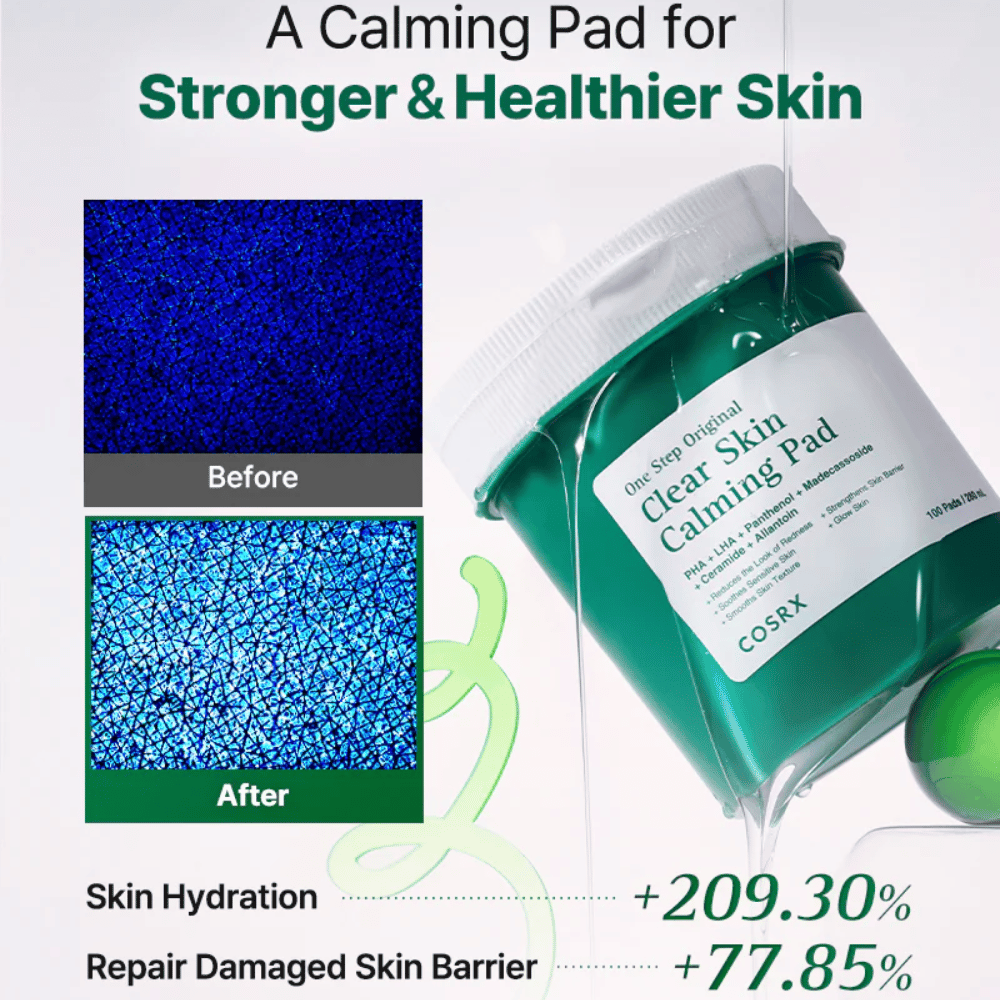 Kampanjbild för COSRX One Step Original Clear Skin Calming Pad som visar förbättrad återfuktning och stärkt hudbarriär efter användning.