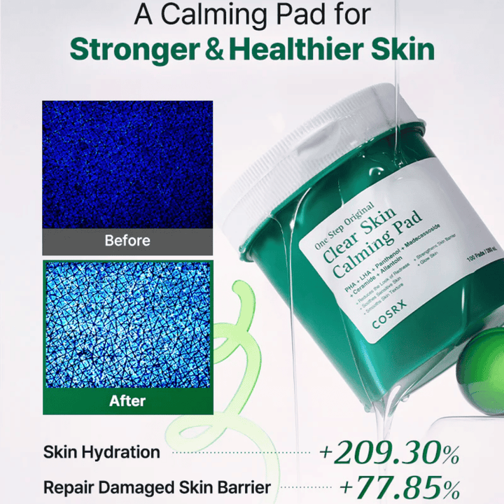 Kampanjbild för COSRX One Step Original Clear Skin Calming Pad som visar förbättrad återfuktning och stärkt hudbarriär efter användning.