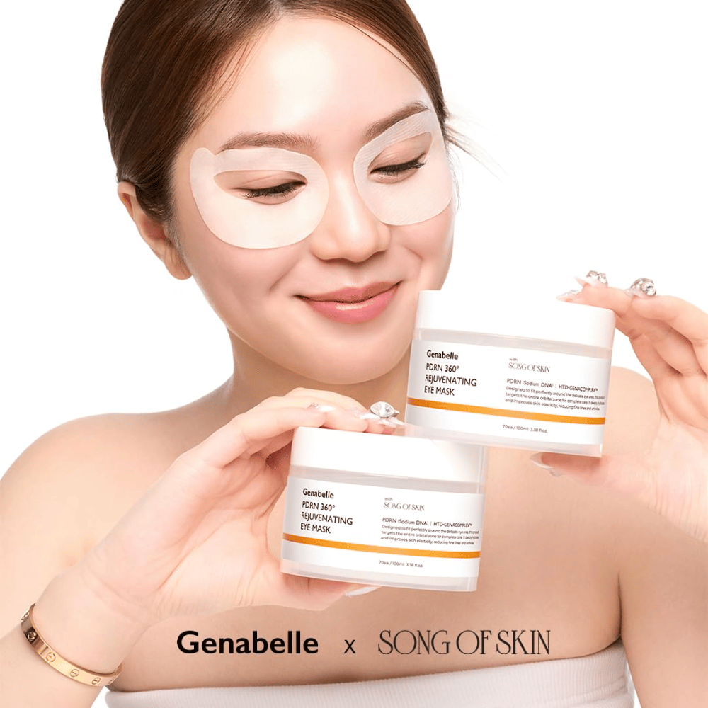 Genabelle PDRN 360° Rejuvenating Eye Mask applicerad runt hela ögonområdet för återfuktning, ökad elasticitet och en fräschare blick.