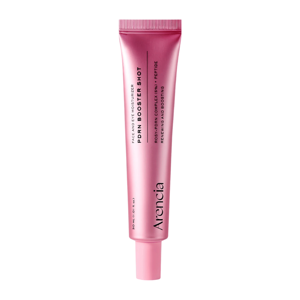 Ren produktbild av Arencia PDRN Booster Shot med minimalistisk rosa förpackning och fokus på återfuktande, återuppbyggande och lystergivande hudvård.
