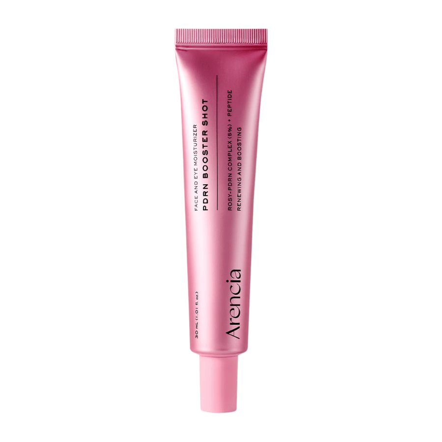 Ren produktbild av Arencia PDRN Booster Shot med minimalistisk rosa förpackning och fokus på återfuktande, återuppbyggande och lystergivande hudvård.