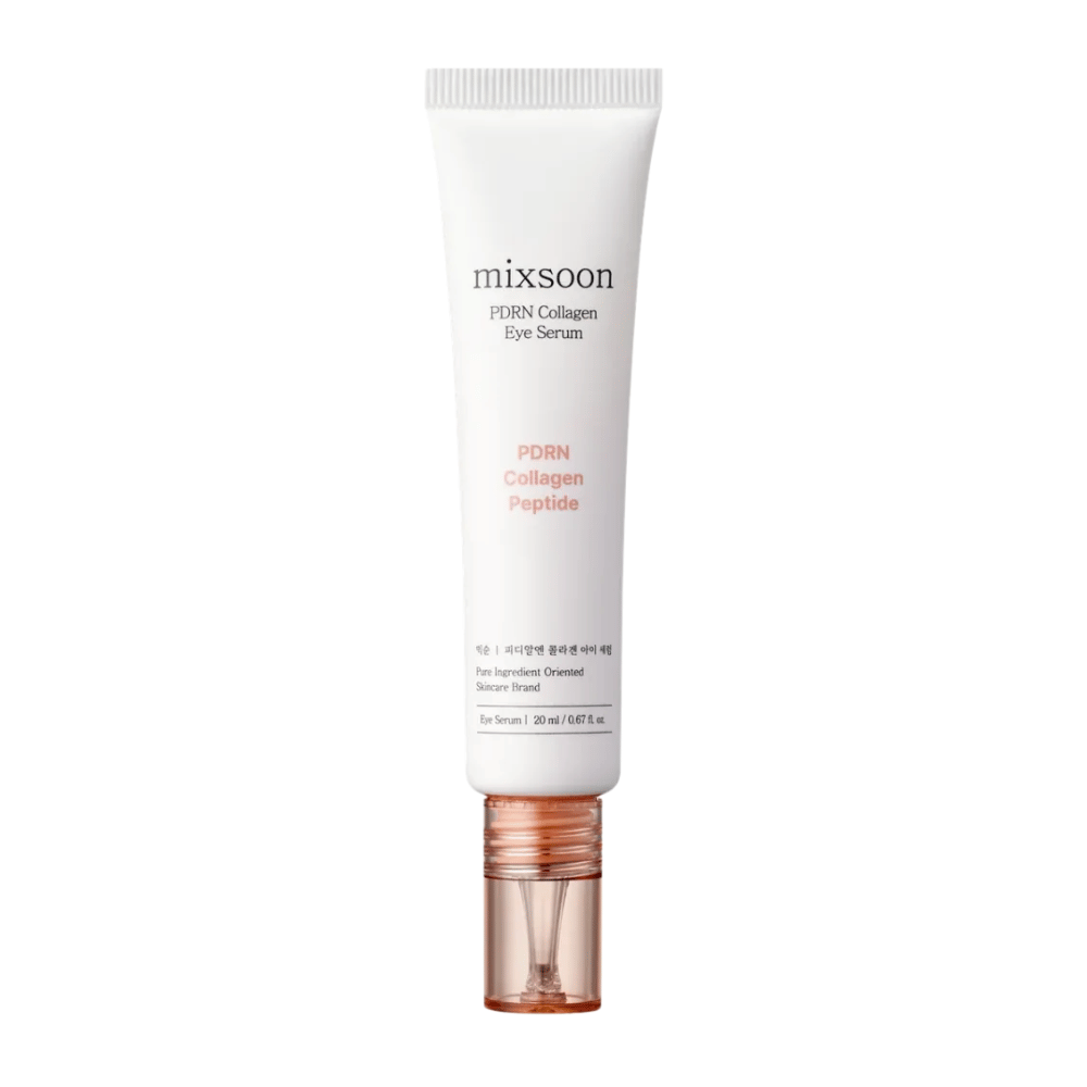 Mixsoon PDRN Collagen Eye Serum i vit och persikofärgad tub med genomskinlig applikator. Ett återfuktande och uppstramande ögonserum, 20 ml.