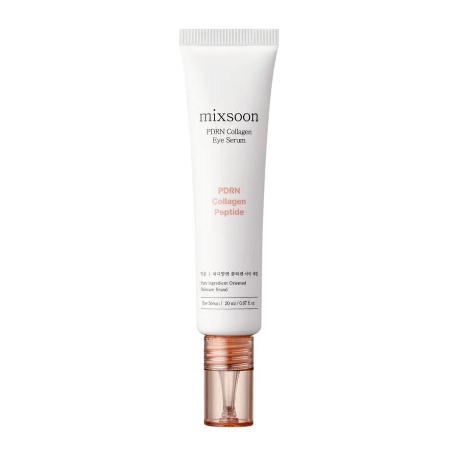 Mixsoon PDRN Collagen Eye Serum i vit och persikofärgad tub med genomskinlig applikator. Ett återfuktande och uppstramande ögonserum, 20 ml.