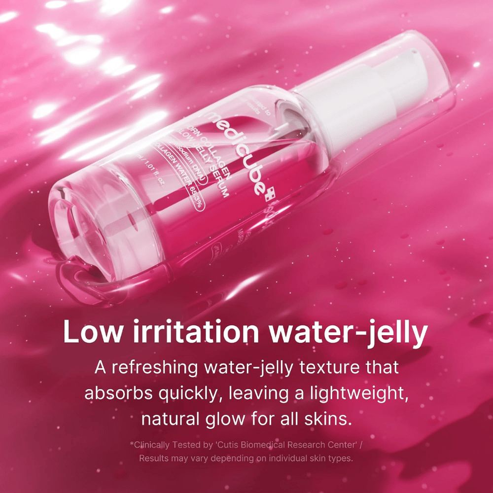 Medicube PDRN Collagen Glow Jelly Serum med lätt vatten-gelétextur som absorberas snabbt och ger lyster