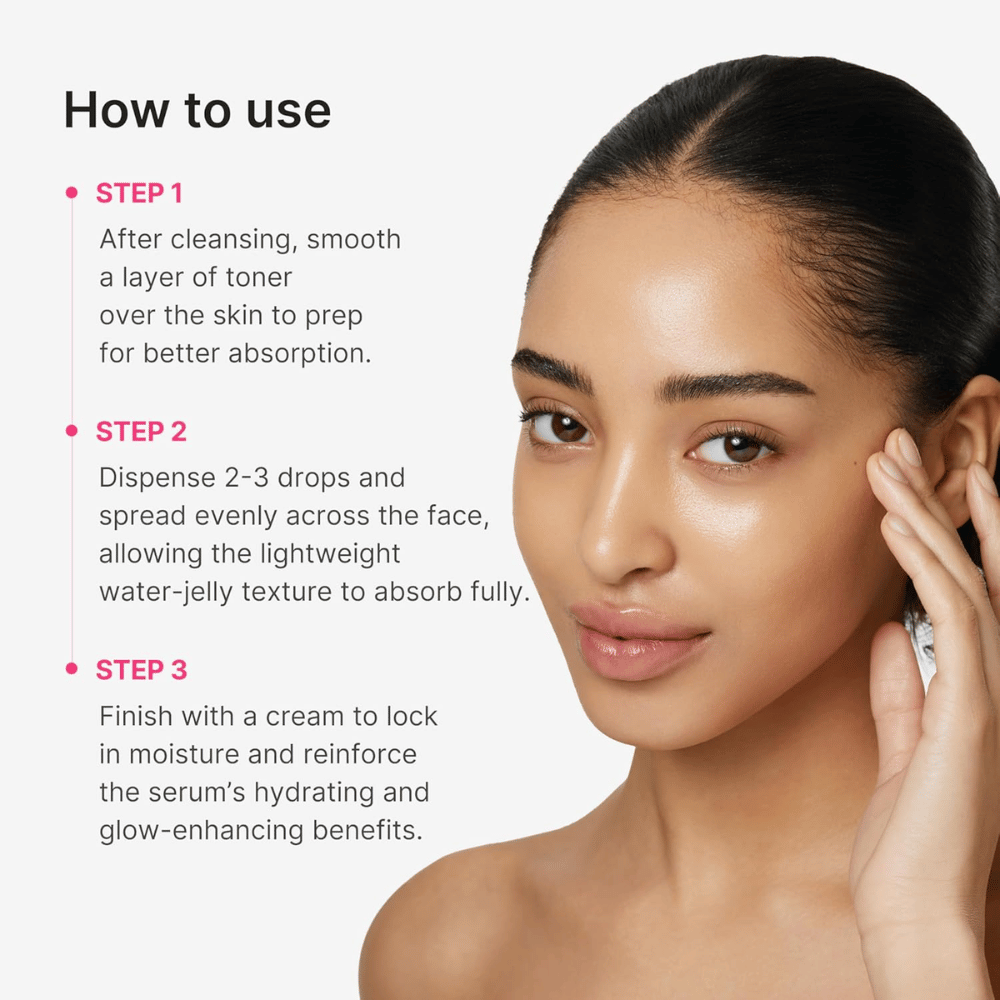Medicube PDRN Collagen Glow Jelly Serum med steg-för-steg-guide för applicering efter rengöring och toner
