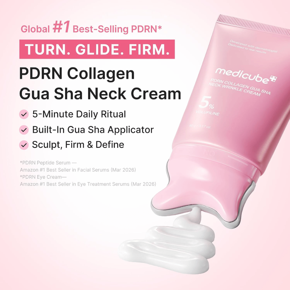 5. Medicube PDRN Collagen Gua Sha Neck Wrinkle Cream – rosa halskräm med gua sha-applikator och krämig konsistens