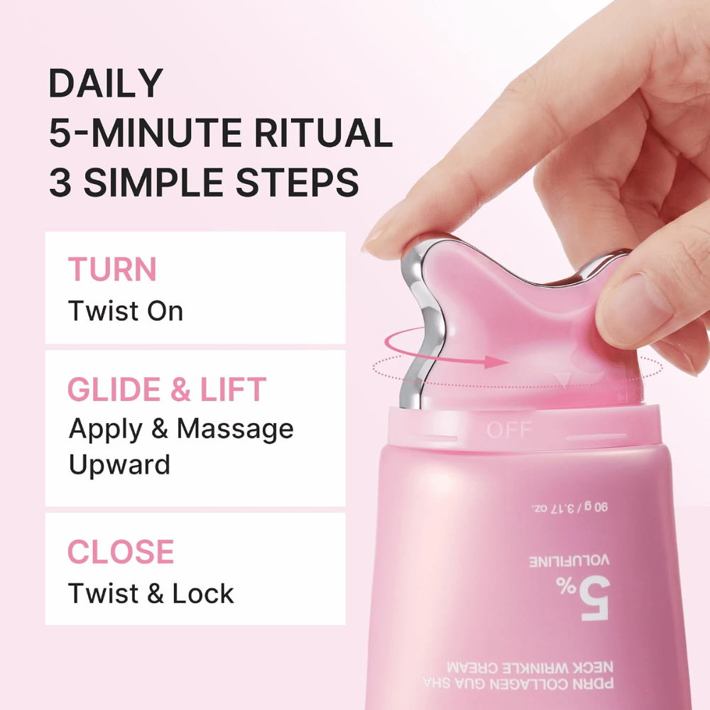 1. Medicube PDRN Collagen Gua Sha Neck Wrinkle Cream – applicering och massage i tre enkla steg