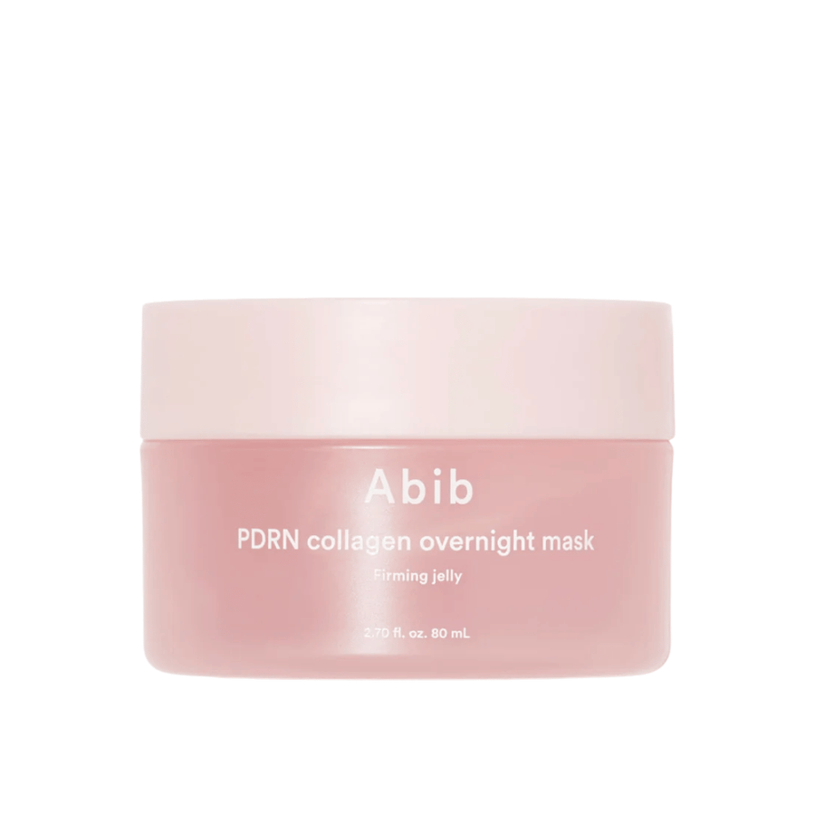 Minimalistisk produktbild på Abib PDRN Collagen Overnight Mask i rosa burk med fokus på design och produktnamn mot ljus bakgrund.