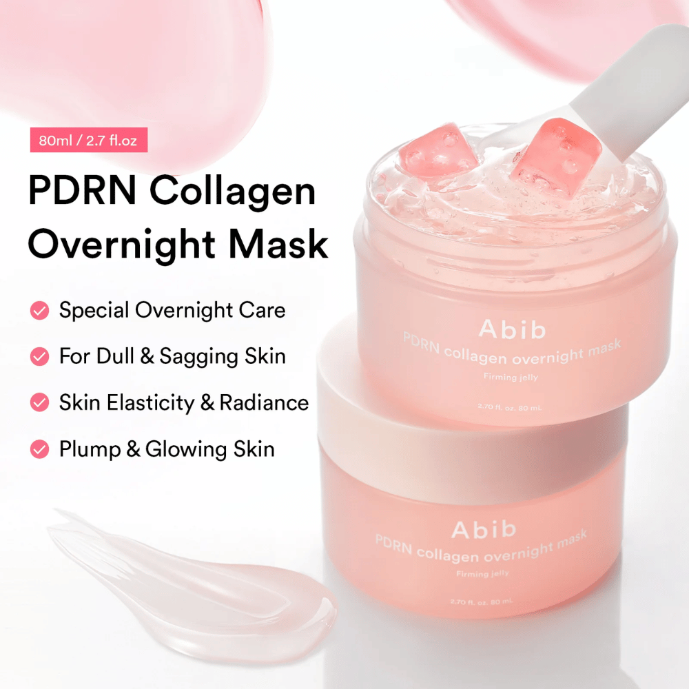 Produktbild på Abib PDRN Collagen Overnight Mask med rosa gelétextur och silikonspatel som framhäver nattmaskens återfuktande och lystergivande egenskaper.
