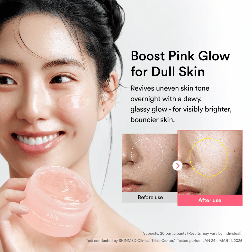 Modell som håller Abib PDRN Collagen Overnight Mask tillsammans med före- och efterillustration som visar glow och jämnare hudton efter användning över natten.
