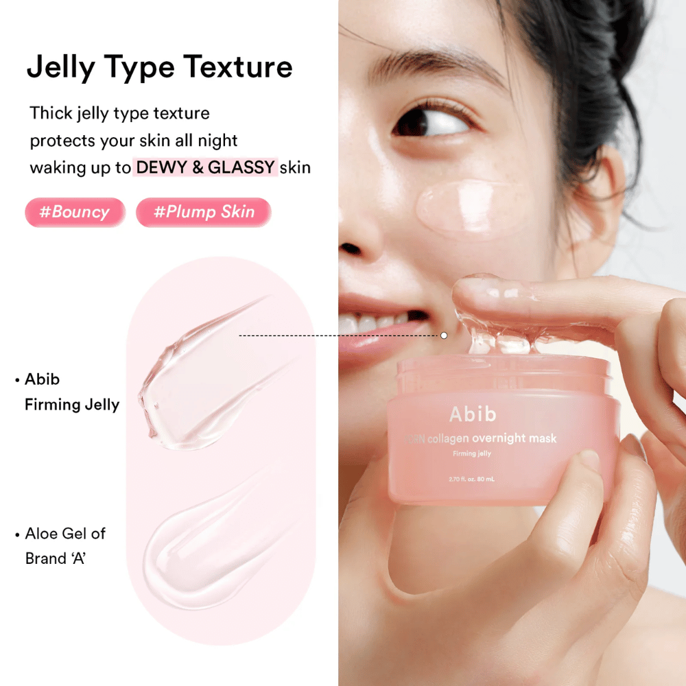 Närbild på den geléliknande konsistensen i Abib PDRN Collagen Overnight Mask som visar en fyllig och glansig textur framtagen för återfuktad och daggig hud.
