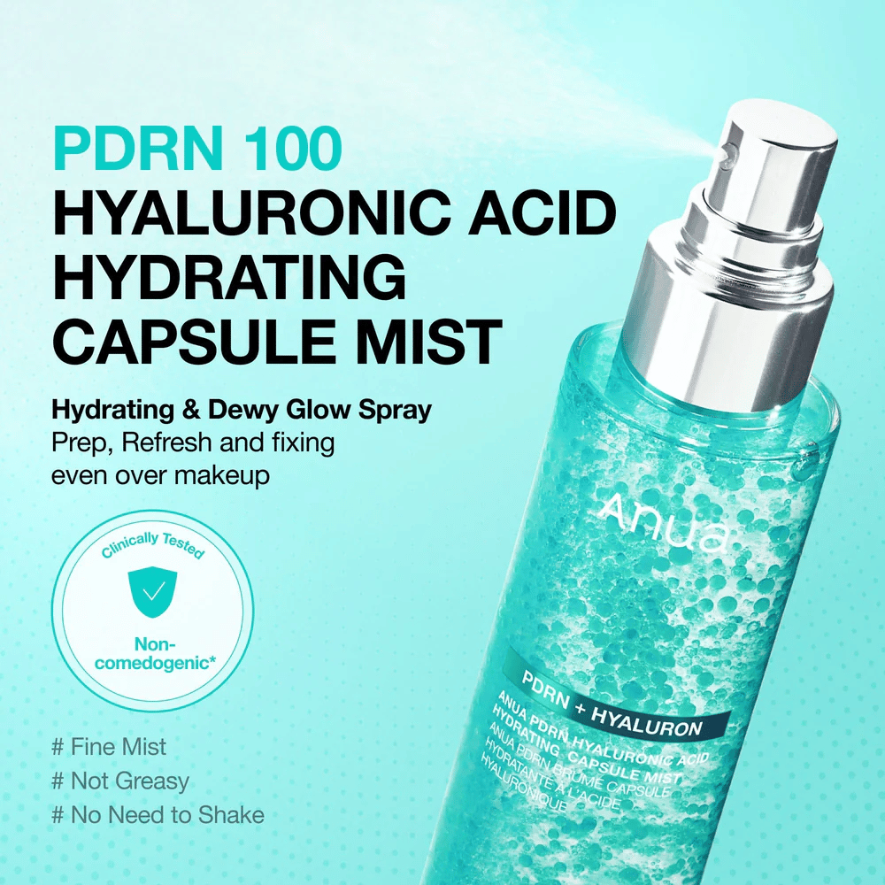 Produktbild med sprayfunktion i fokus. Text beskriver produkten som en återfuktande mist som ger glow, kan användas över makeup och inte känns fet.