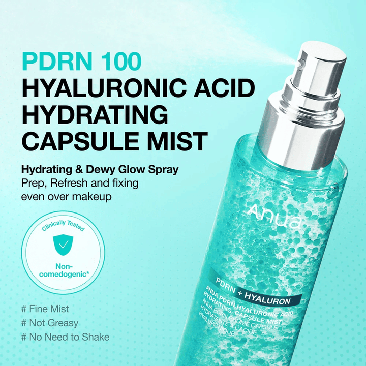 Produktbild med sprayfunktion i fokus. Text beskriver produkten som en återfuktande mist som ger glow, kan användas över makeup och inte känns fet.