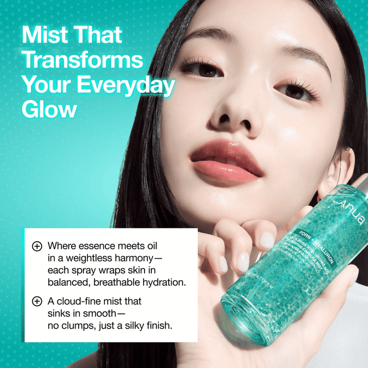 En modell håller produkten nära ansiktet. Bilden betonar glow-effekten och hur misten ger en fräsch, återfuktad finish även ovanpå makeup.