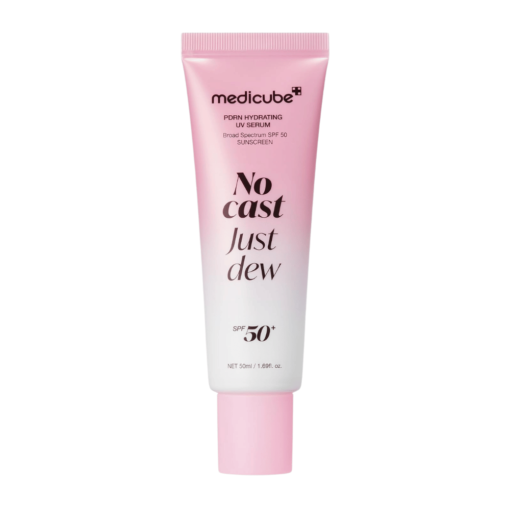 6. Medicube PDRN Hydrating UV Serum SPF 50+ 50 ml – rosa och vit tub med återfuktande solskydd för ansiktet