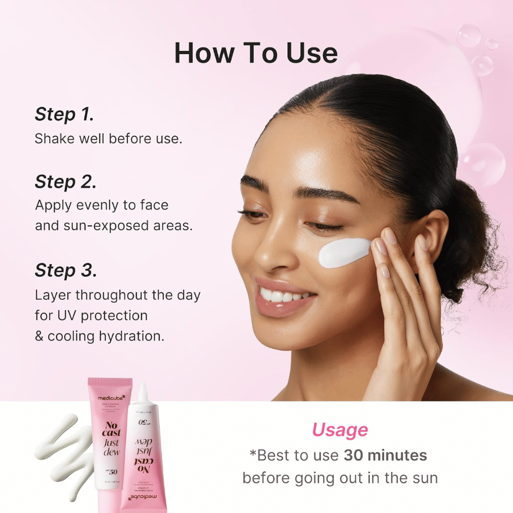 1. Medicube PDRN Hydrating UV Serum SPF 50+ – applicering av återfuktande solskydd i ansiktet med instruktioner för användning