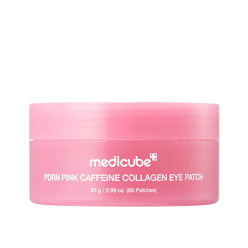 5. Medicube PDRN Pink Caffeine Collagen Eye Patch 60 st – rosa burk med återfuktande hydrogel eye patches mot vit bakgrund