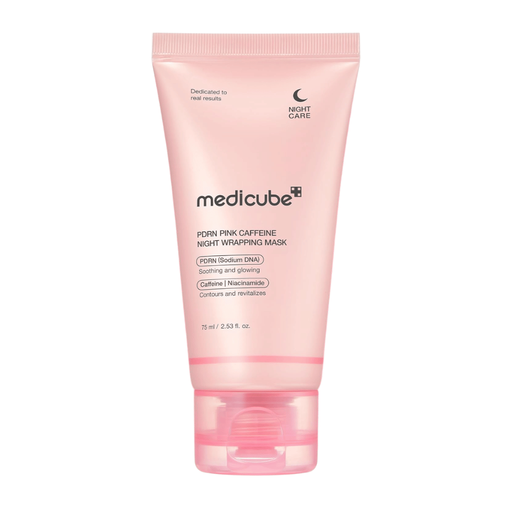 Medicube PDRN Pink Caffeine Night Wrapping Mask 75 ml – koreansk nattmask med PDRN, koffein och niacinamid för lyster och återfuktning.