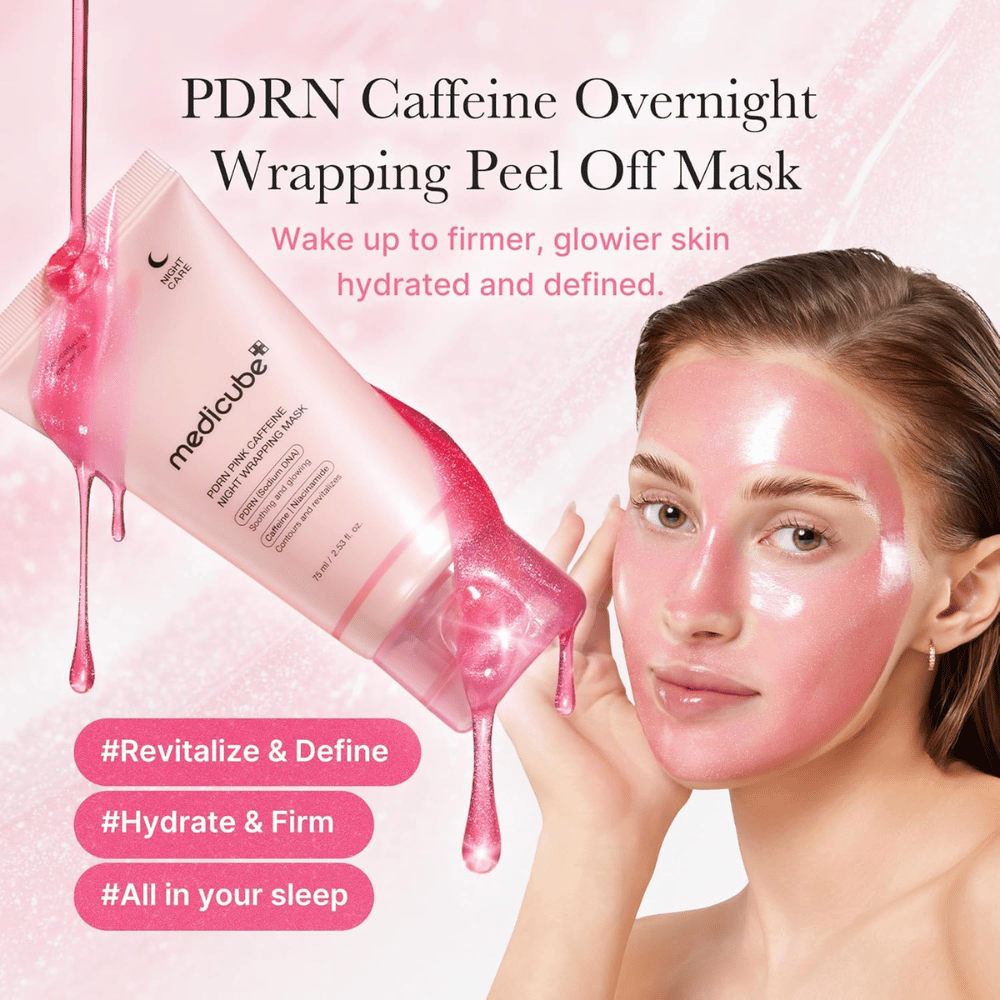 Medicube PDRN Pink Caffeine Night Wrapping Mask – rosa peel off-nattmask med PDRN och koffein för återfuktning, lyster och fastare känsla.