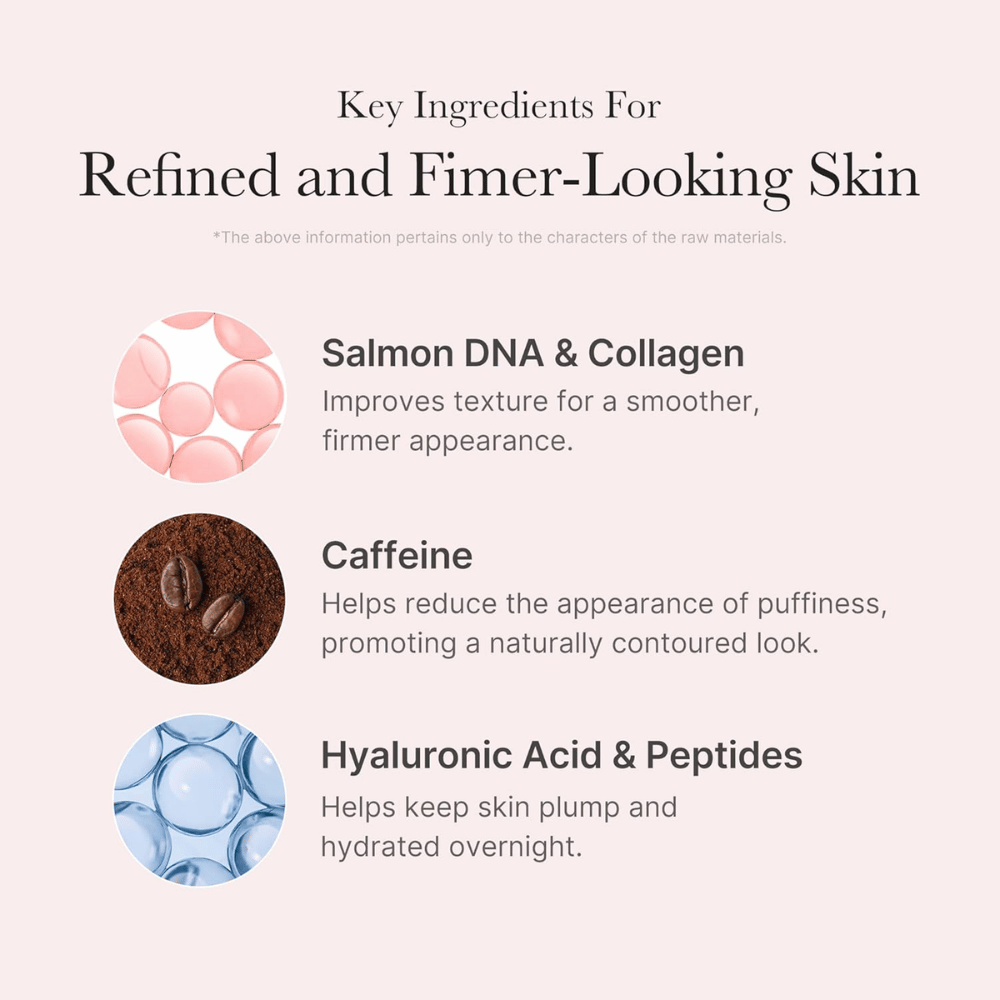 Medicube PDRN Pink Caffeine Night Wrapping Mask med PDRN, kollagen, koffein, hyaluronsyra och peptider för återfuktad och fastare hud.