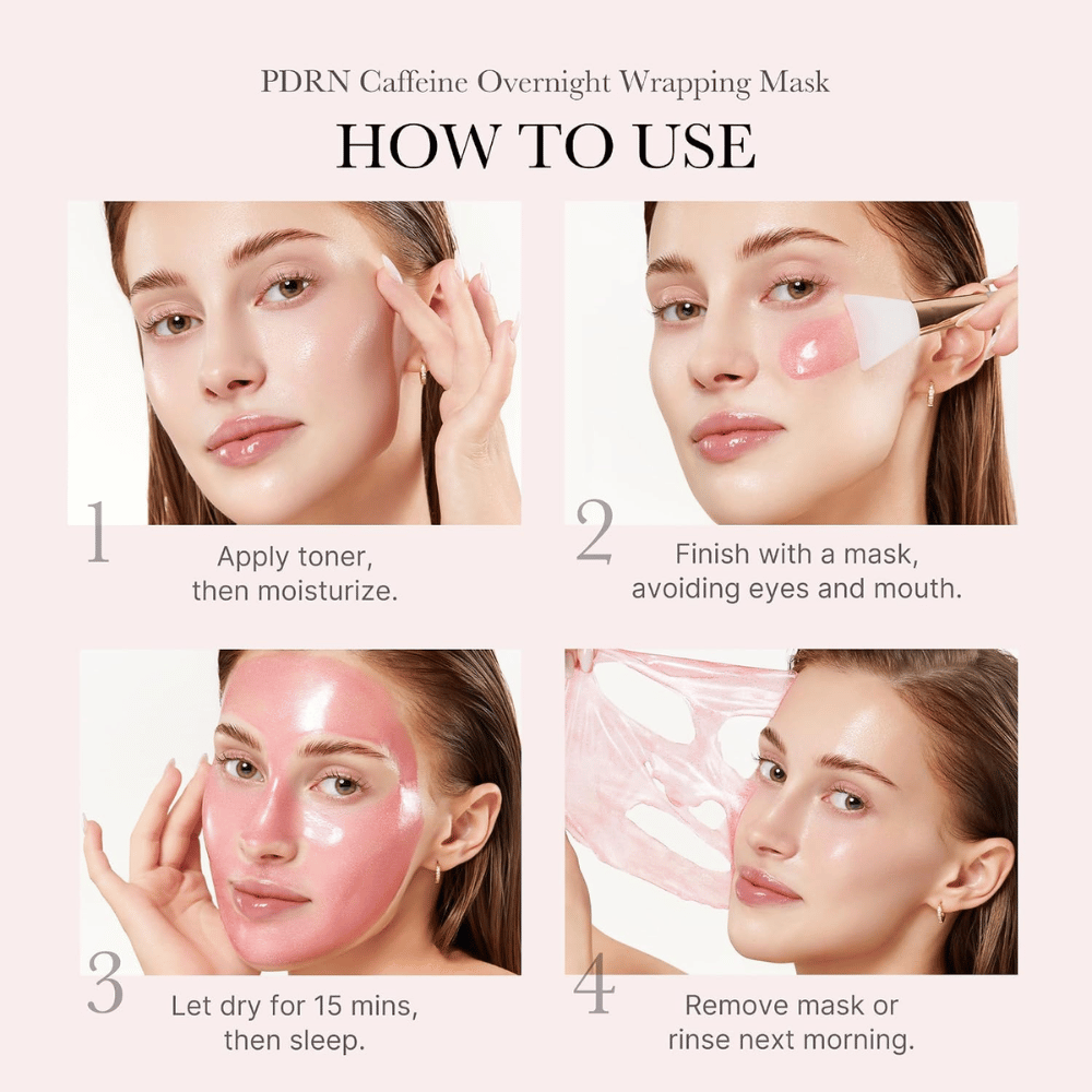 Så använder du Medicube PDRN Pink Caffeine Night Wrapping Mask – applicera på kvällen, låt torka och avlägsna masken på morgonen.