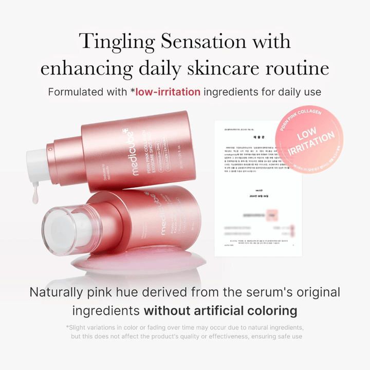 Medicube PDRN Pink Collagen Exosome Shot 2000 med information om låg irritation. Produkten har naturligt rosa färg från ingredienserna och är utvecklad för daglig användning med skonsam känsla på huden.