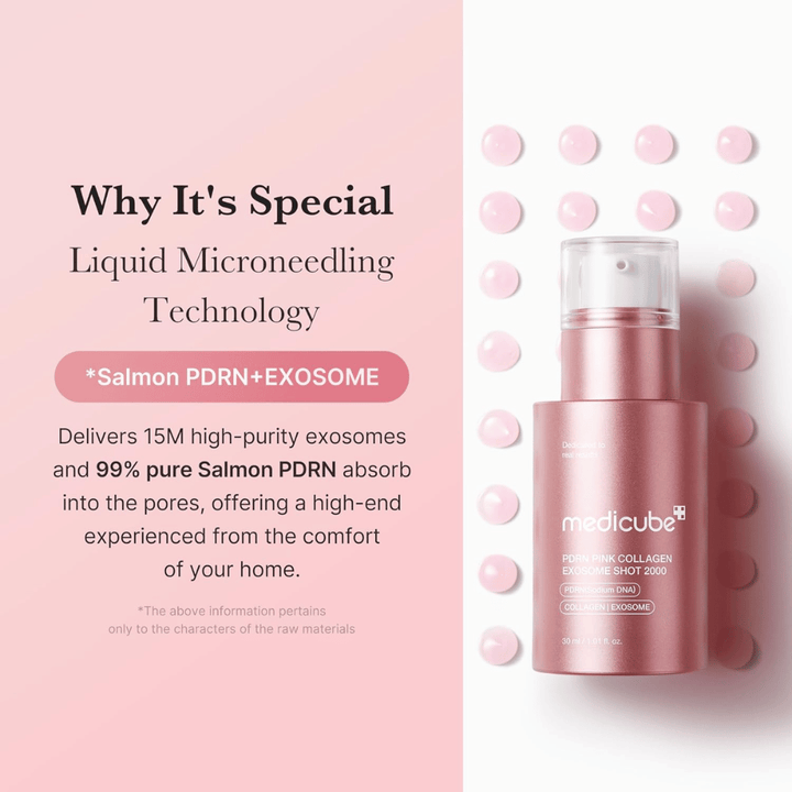 Medicube PDRN Pink Collagen Exosome Shot 2000 i rosa flaska. Bilden lyfter fram flytande microneedling-teknologi med exosomer och PDRN från lax för att stödja hudens lyster, elasticitet och absorption.