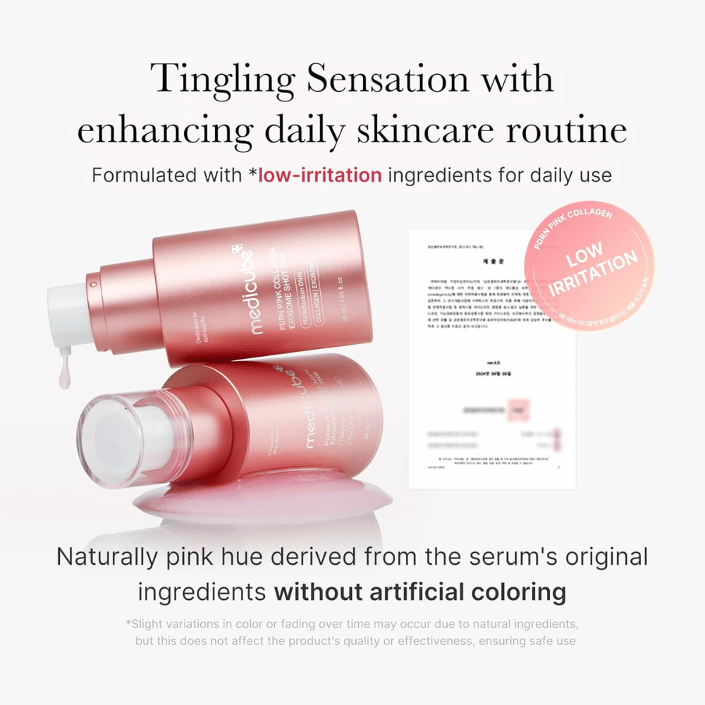 Medicube PDRN Pink Collagen Exosome Shot 7500 presenterad med fokus på låg irritation. Serumet har en naturligt rosa ton från ingredienserna och är utvecklat för att ge en stickande känsla som stödjer hudvårdsrutinen.