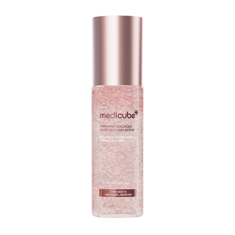 6. Medicube PDRN Pink Collagen Glow Jelly Mist Serum 60 ml – rosa återfuktande ansiktsmist med kollagen och PDRN på vit bakgrund