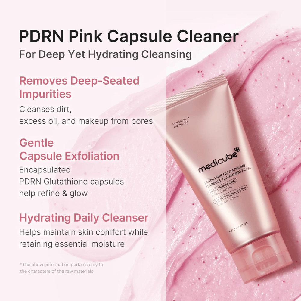 Medicube PDRN Pink Glutathione Capsule Cleansing Foam som avlägsnar smuts, talg och makeup samtidigt som huden återfuktas