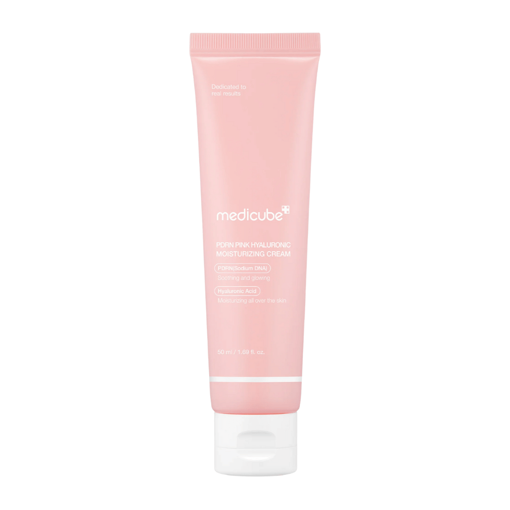 Medicube PDRN Pink Hyaluronic Moisturizing Cream i rosa tub med vit kork, en återfuktande kräm berikad med hyaluronsyra och salmon DNA PDRN.