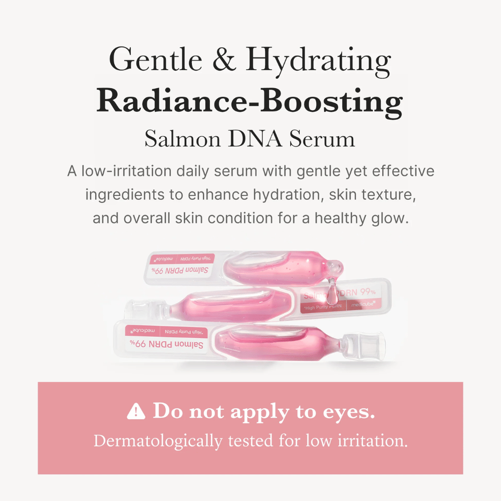 Medicube PDRN Pink One Day Serum i ampullformat. Bilden beskriver ett återfuktande serum med lax-DNA (PDRN) som är dermatologiskt testat för låg irritation och utvecklat för daglig användning.