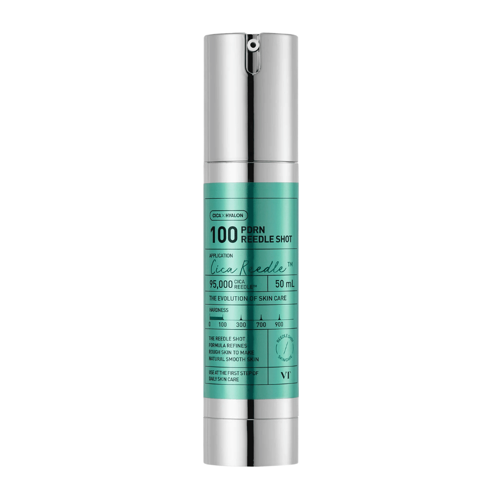 VT Cosmetics PDRN Reedle Shot 100 flaska med minimalistisk design och aktiv formula för att förbättra hudtextur, lyster och elasticitet