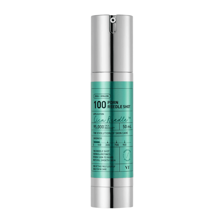 VT Cosmetics PDRN Reedle Shot 100 flaska med minimalistisk design och aktiv formula för att förbättra hudtextur, lyster och elasticitet