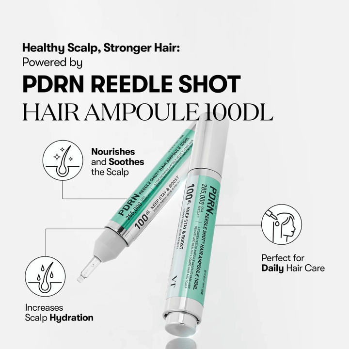 Produktpresentation av PDRN Reedle Shot Hair Ampoule 100dL med fokus på fördelar som lugnande effekt, ökad återfuktning i hårbotten och daglig hårvård.