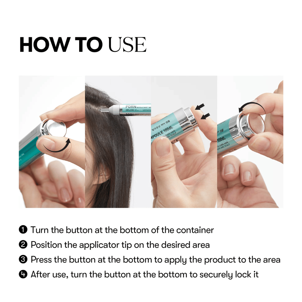Steg-för-steg-bild som visar hur PDRN Reedle Shot Hair Ampoule 100dL appliceras i hårbotten med vrid- och tryckfunktion för exakt och hygienisk dosering.