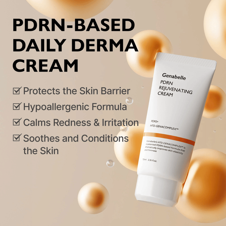 Genabelle PDRN Rejuvenating Cream omgiven av gyllene sfärer som symboliserar PDRN-teknologi. Bilden framhäver hudbarriärstärkande egenskaper, lugnande effekt och en hypoallergen formula för daglig användning.