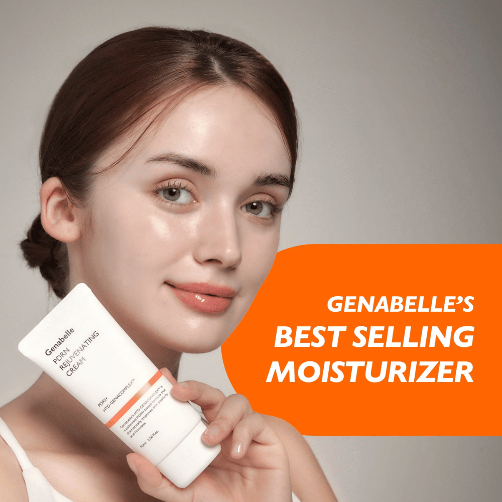 Person håller upp Genabelle PDRN Rejuvenating Cream framför kameran. Bilden lyfter fram produkten som en bästsäljande ansiktskräm med fokus på återfuktning, hudförnyelse och en frisk, strålande hud.