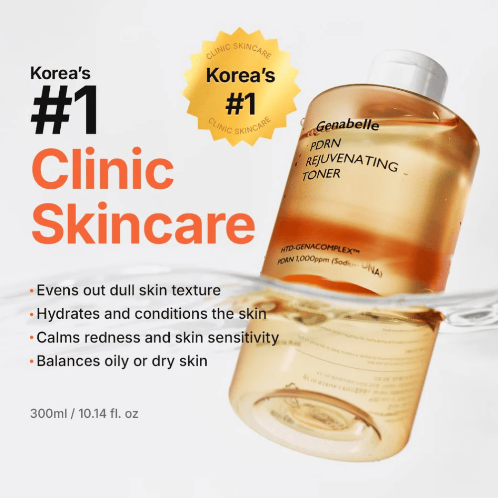 Genabelle PDRN Rejuvenating Toner som återfuktar huden, jämnar ut hudstrukturen, lugnar rodnad och hjälper till att balansera huden.