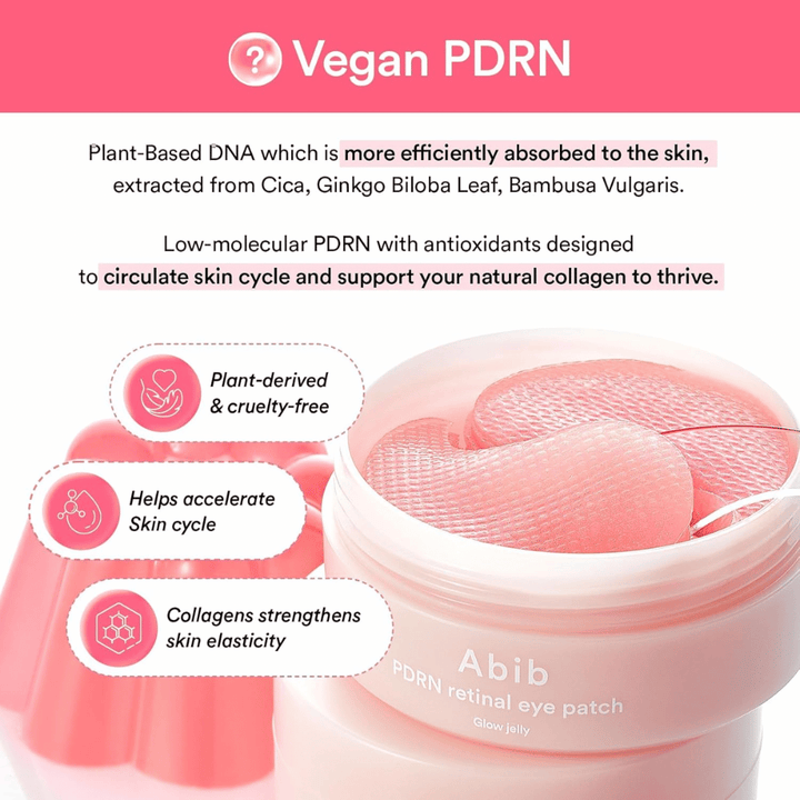 Abib PDRN Retinal Eye Patch Glow Jelly med vegansk PDRN från växtextrakt som stärker hudens elasticitet, boostar kollagen och förbättrar hudens struktur.
