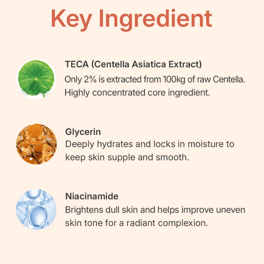 MADECA LAB PDRN Glow Gel Mask nyckelingredienser – TECA från Centella Asiatica, glycerin och niacinamide som lugnar huden, återfuktar på djupet och förbättrar hudtonen.