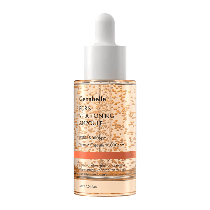 Frilagd produktbild av Genabelle PDRN Vita Toning Ampoule i transparent glasflaska med vita pipettlock och synliga vitaminkapslar i serumformulan.