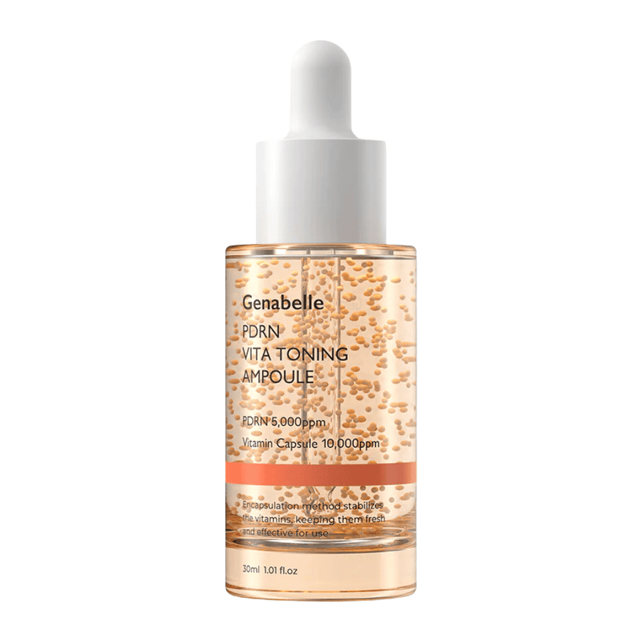 Frilagd produktbild av Genabelle PDRN Vita Toning Ampoule i transparent glasflaska med vita pipettlock och synliga vitaminkapslar i serumformulan.