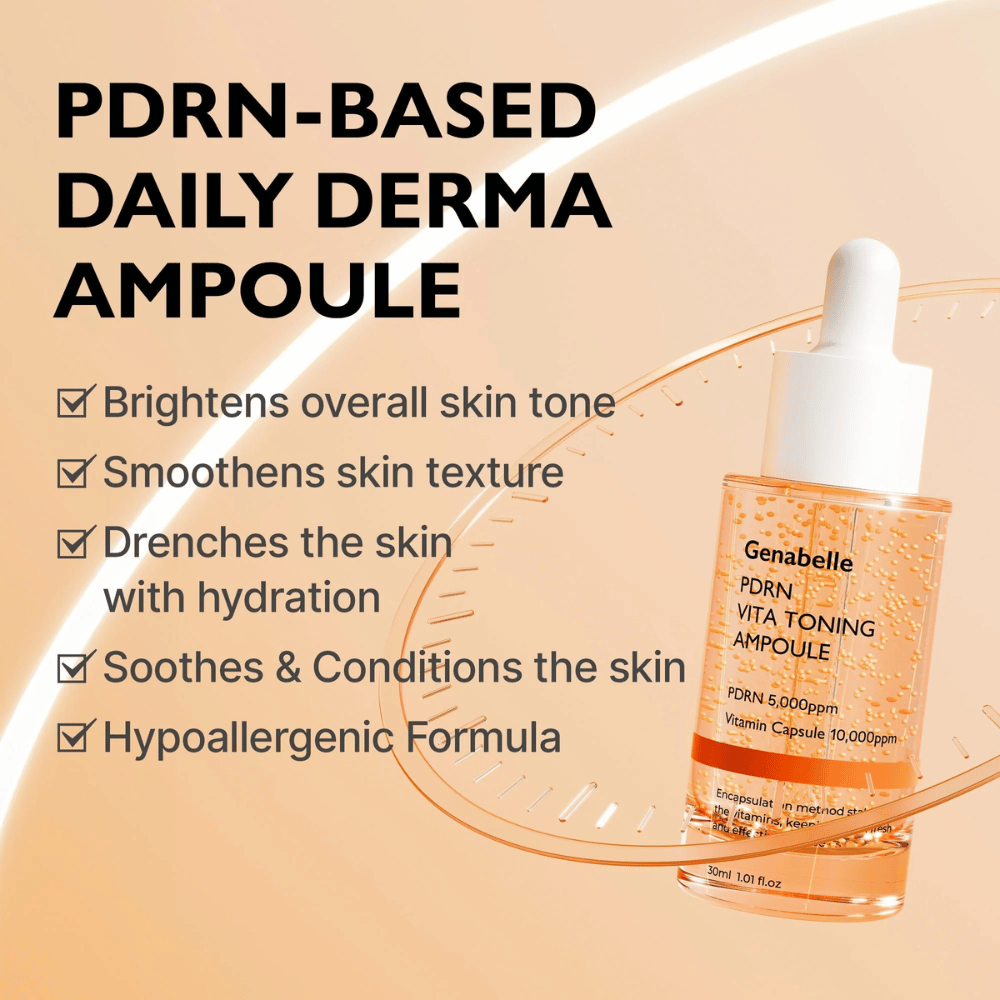 Produktbild av Genabelle PDRN Vita Toning Ampoule med text om återfuktning, jämnare hudton och lugnande egenskaper för känslig hud med hypoallergen formula.