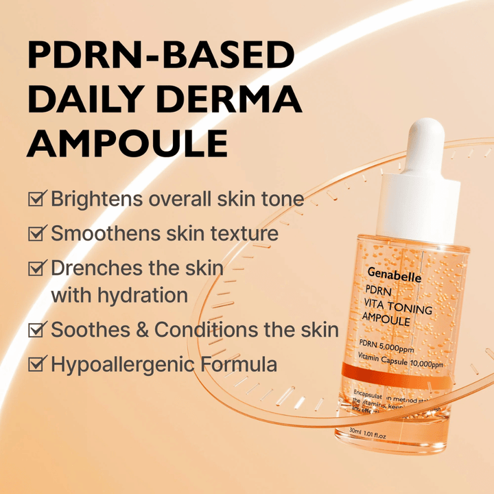 Produktbild av Genabelle PDRN Vita Toning Ampoule med text om återfuktning, jämnare hudton och lugnande egenskaper för känslig hud med hypoallergen formula.