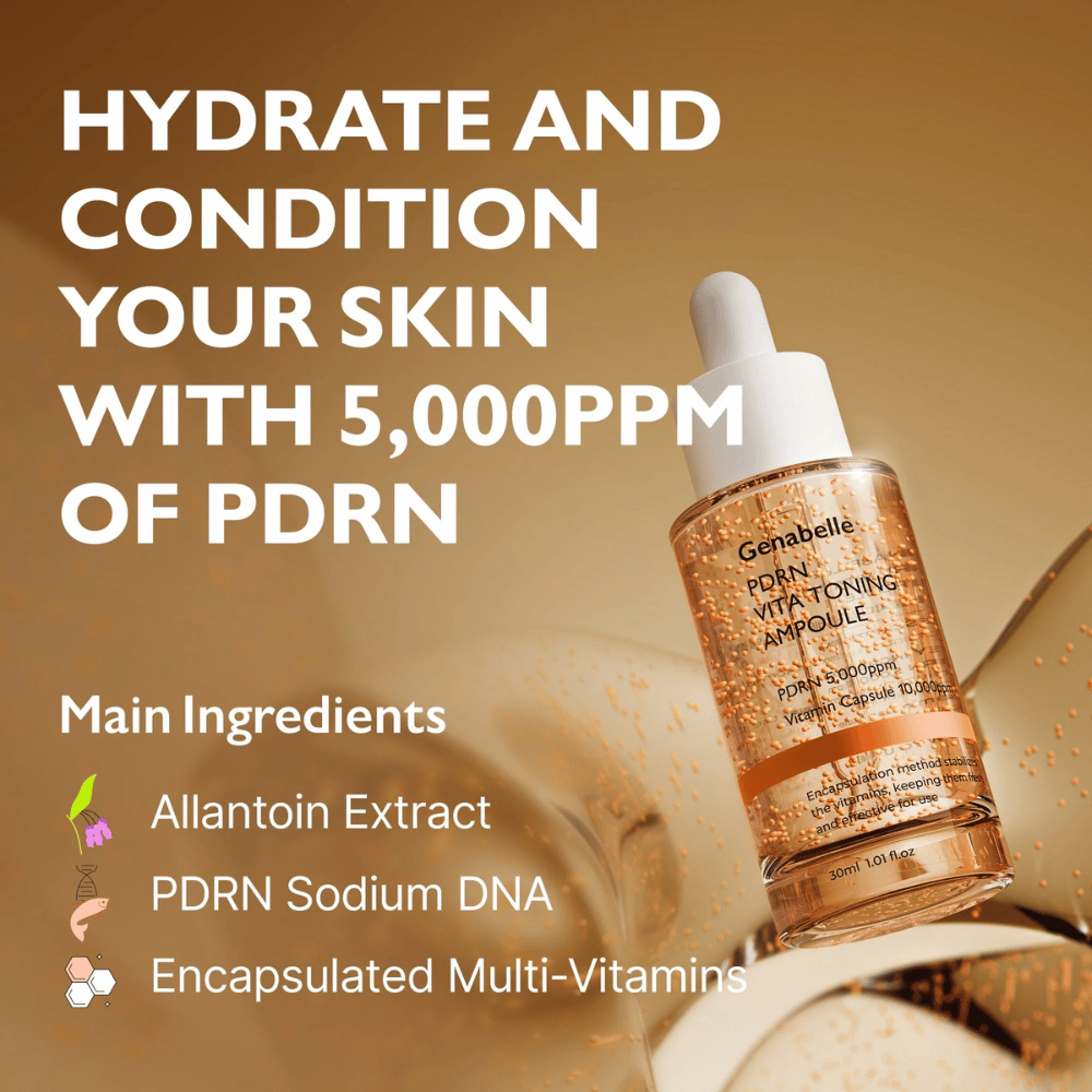 Kampanjbild för Genabelle PDRN Vita Toning Ampoule med fokus på återfuktning och PDRN 5000 ppm samt ingredienser som vitaminkapslar och Sodium DNA för glow och hudvård.