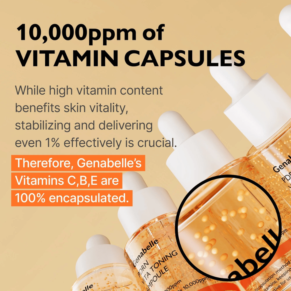 Genabelle PDRN Vita Toning Ampoule med inkapslade vitaminer i serumet som framhäver lystergivande formula med vitamin C, B och E för glow och hudvitalitet.