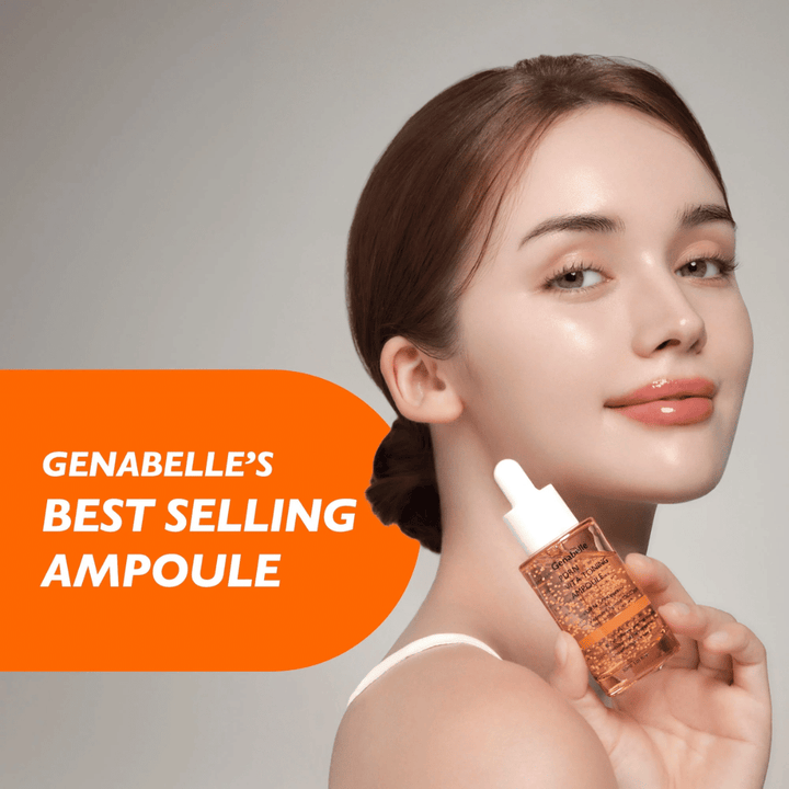 Modell håller Genabelle PDRN Vita Toning Ampoule bredvid ansiktet med fokus på glow, lyster och återfuktad hud från koreanskt serum med vitaminkapslar och PDRN.